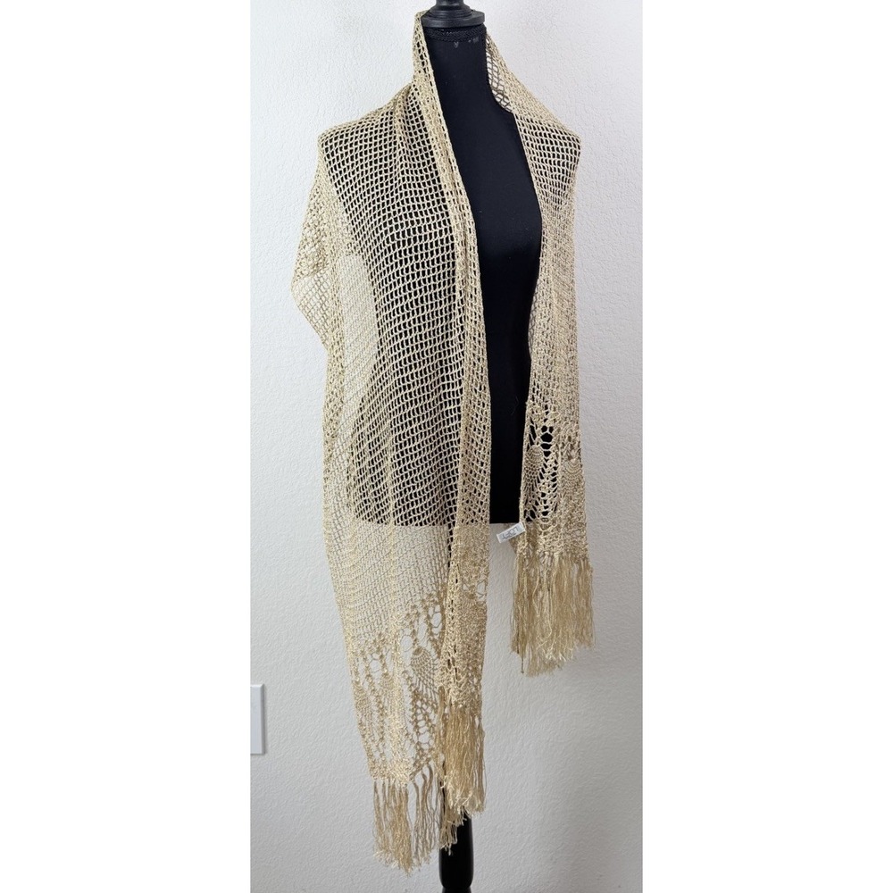 LOFT Ann Taylor Metallic Crochet Shawl Wrap Gold Beige Fringe Boho Evening